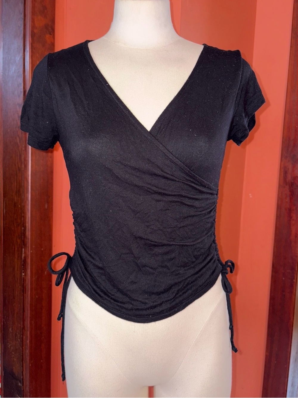 5/$25‼️Ambiance Black Short Sleeve Wrap Camisole with Side Ties